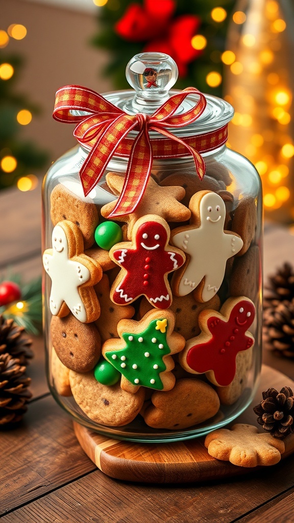 Festive Christmas Cookie Jar Recipe A festive cookie jar filled with gingerbread men, sugar cookies, and chocolate chip cookies, decorated for Christmas.